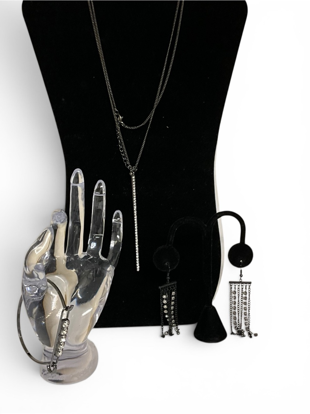 Edgy Gunmetal Crystal Jewelry Set Pendant Necklace Fringe Earrings Cuff Bracelet